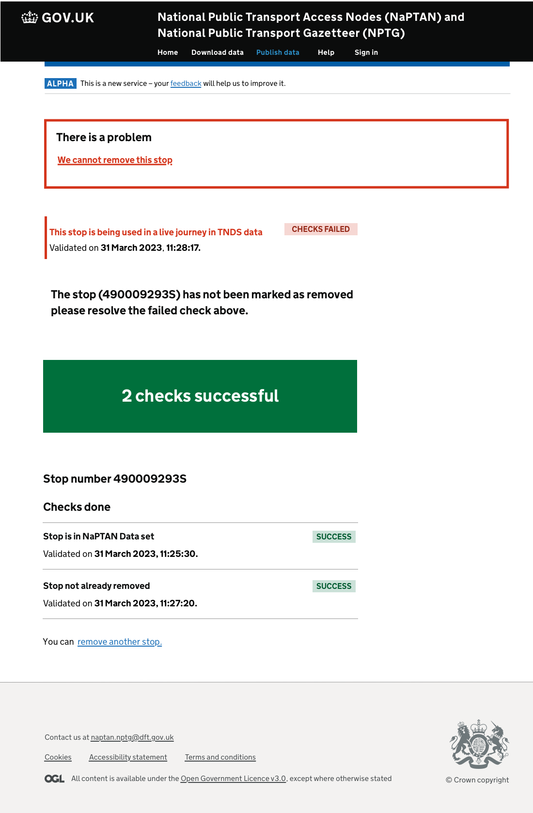 Stop removal failure state, with the failing check called out
