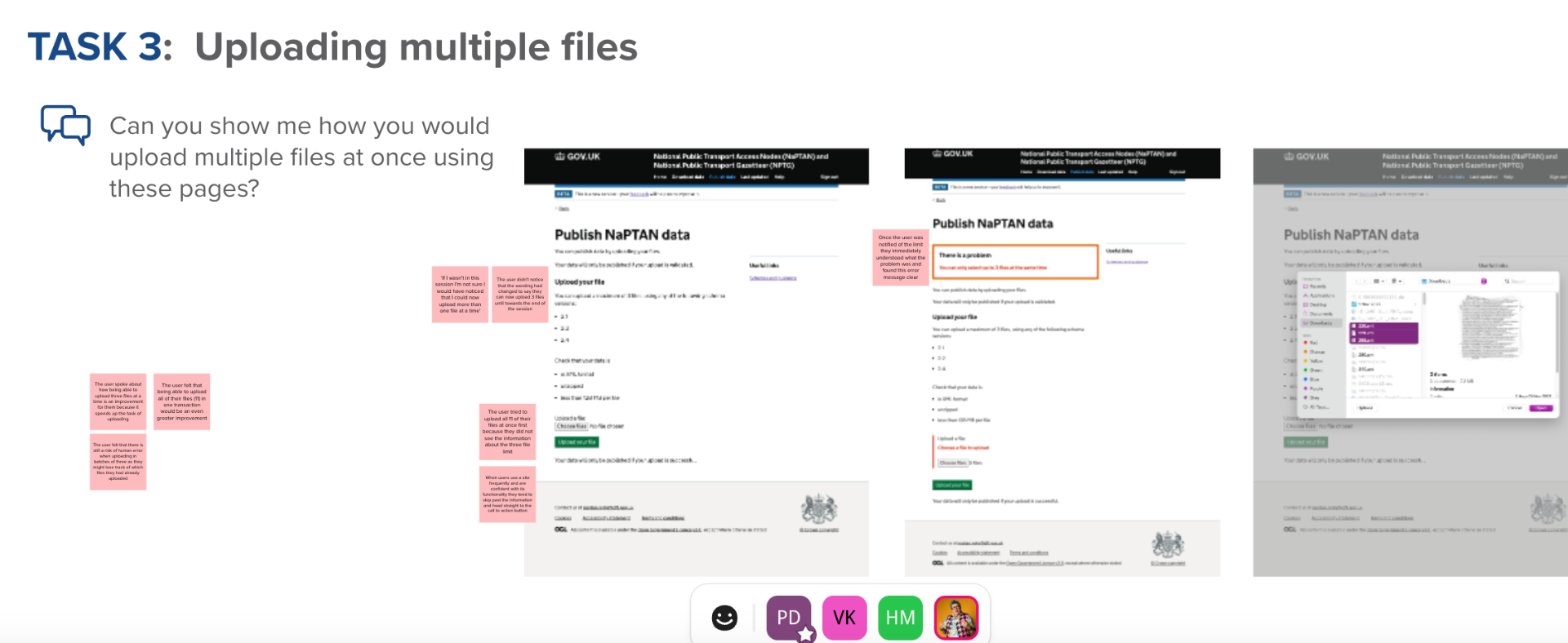 Round-two usability findings on the multi-file upload, mapped to the fix that round three retested